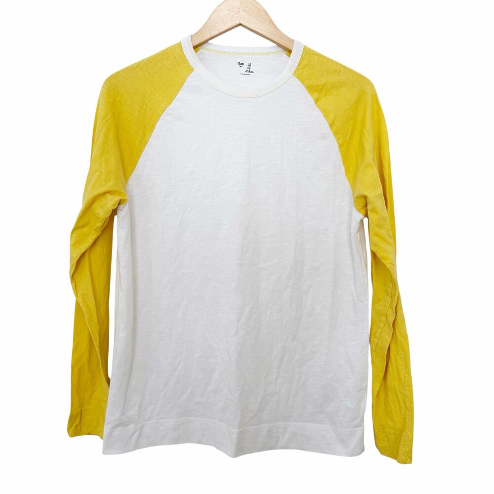 Gap White Yellow Color Block Cotton Long Sleeve Shirt Sz S